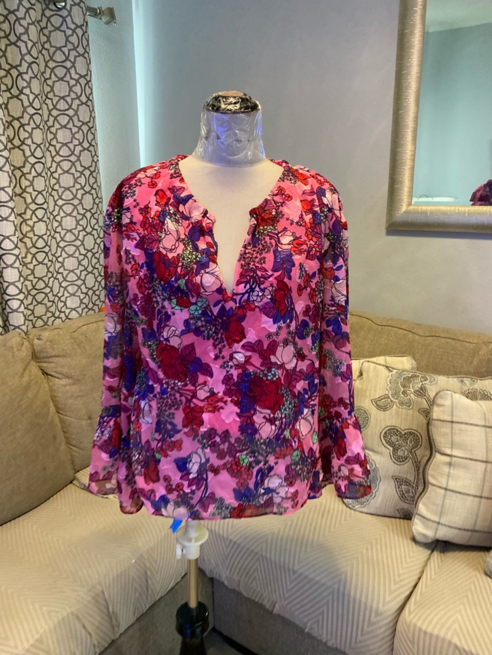 Tanya Taylor Medium Harper Floral Top pink multicolored floral print bell sleeve